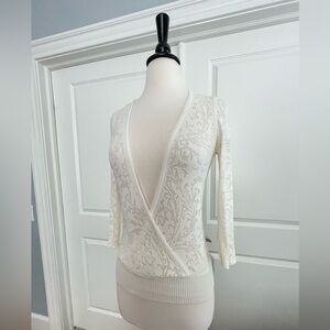 White House Black Market Sheer Surplice V Neck 3/4 Sleeve Sweater Top.